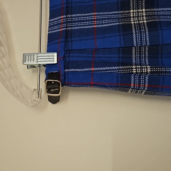 Blue plaid pleated skirt kilt pin accent adjustable sz. 12 wool custom made - Picture 12 of 12